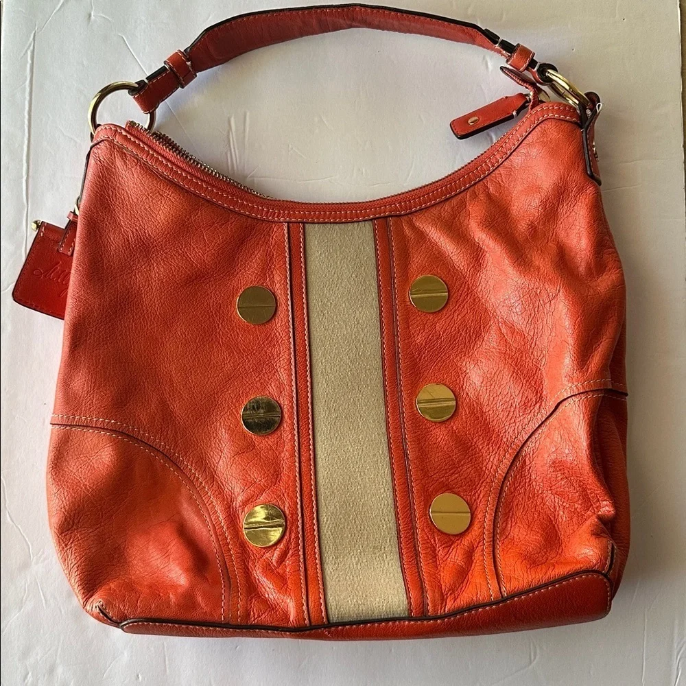 🔥 Milly Orange Coral Leather Carryall Hobo Shoulder Bag Gold Studs Suede Accent